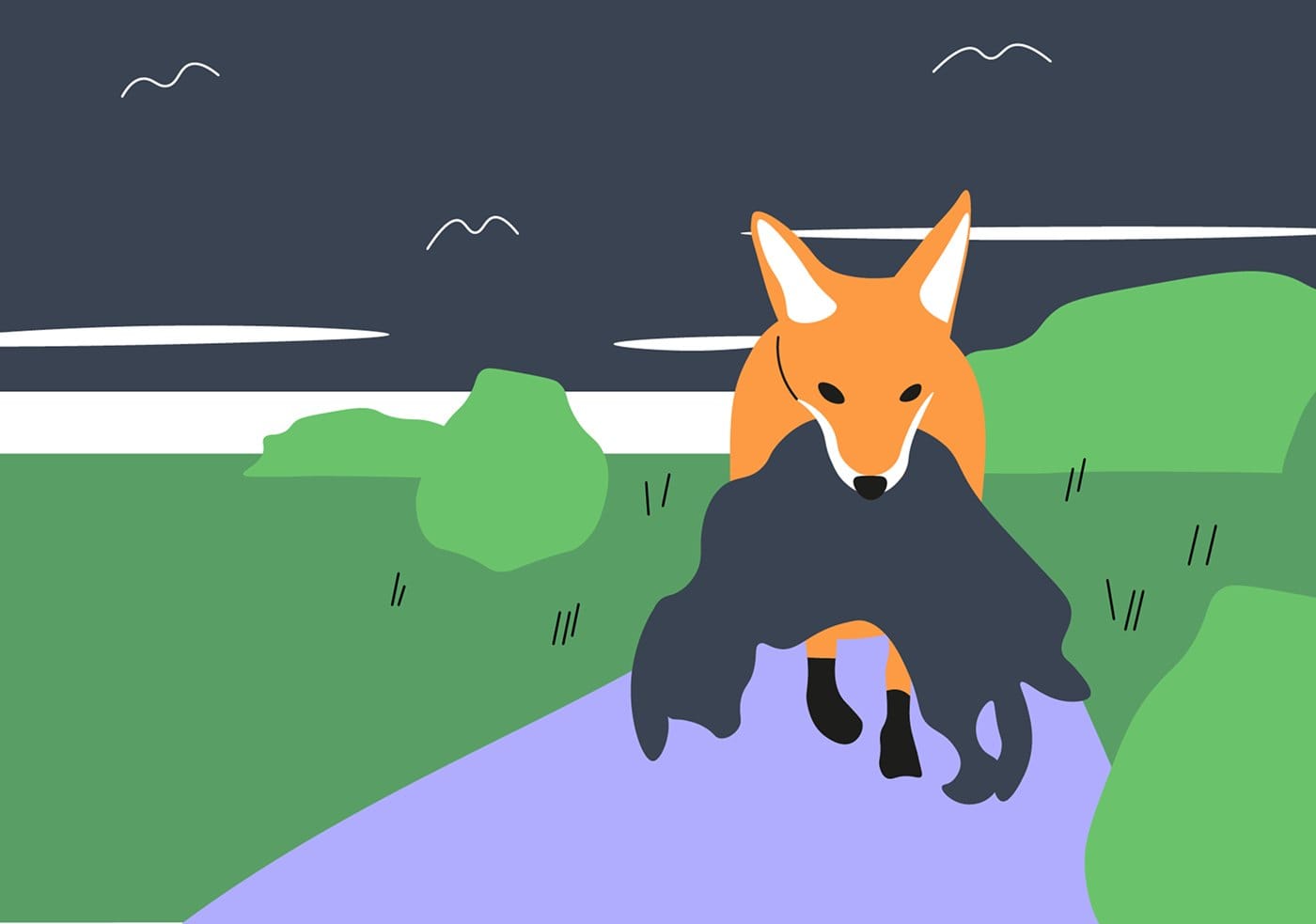 Illustration of the fox carrying a rabbit
