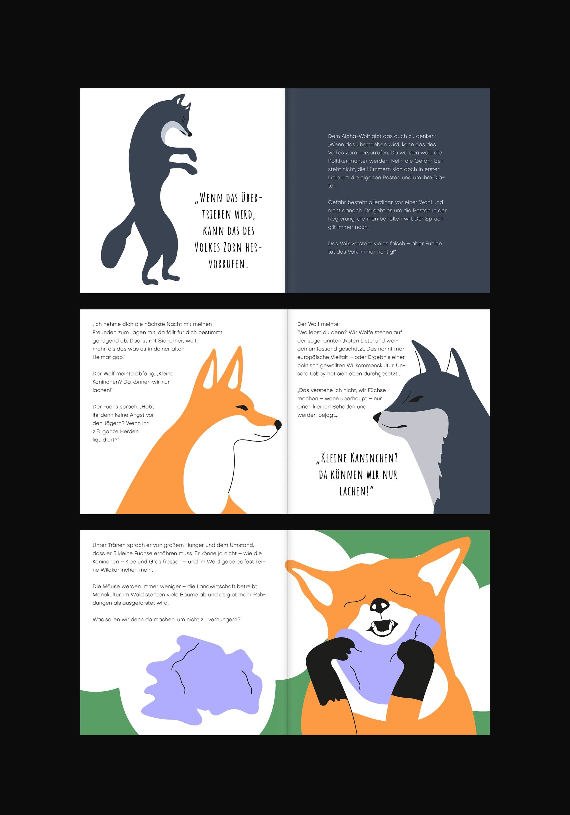 Book spreads with the fox and the wolf