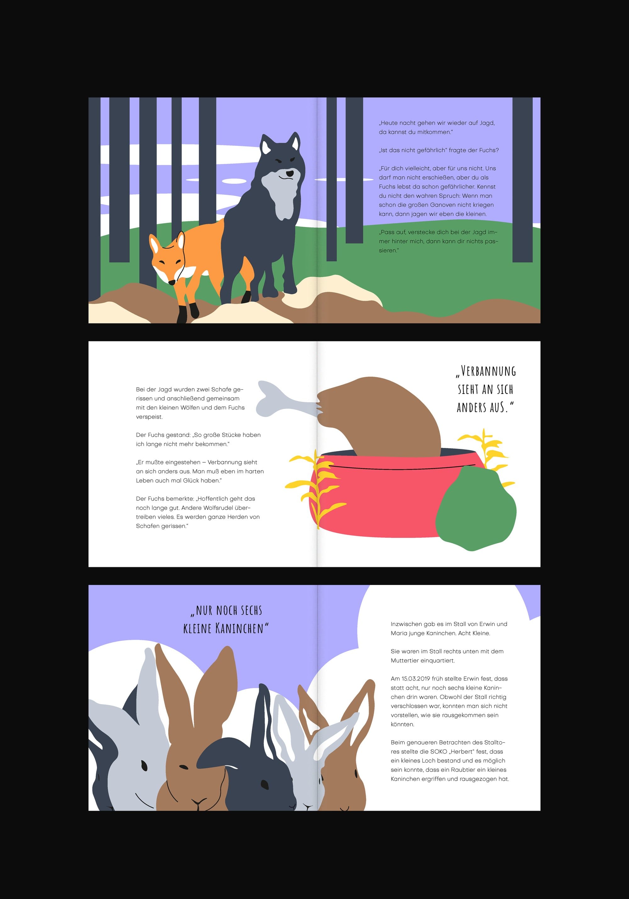 Book spreads with the hunt and the rabbits