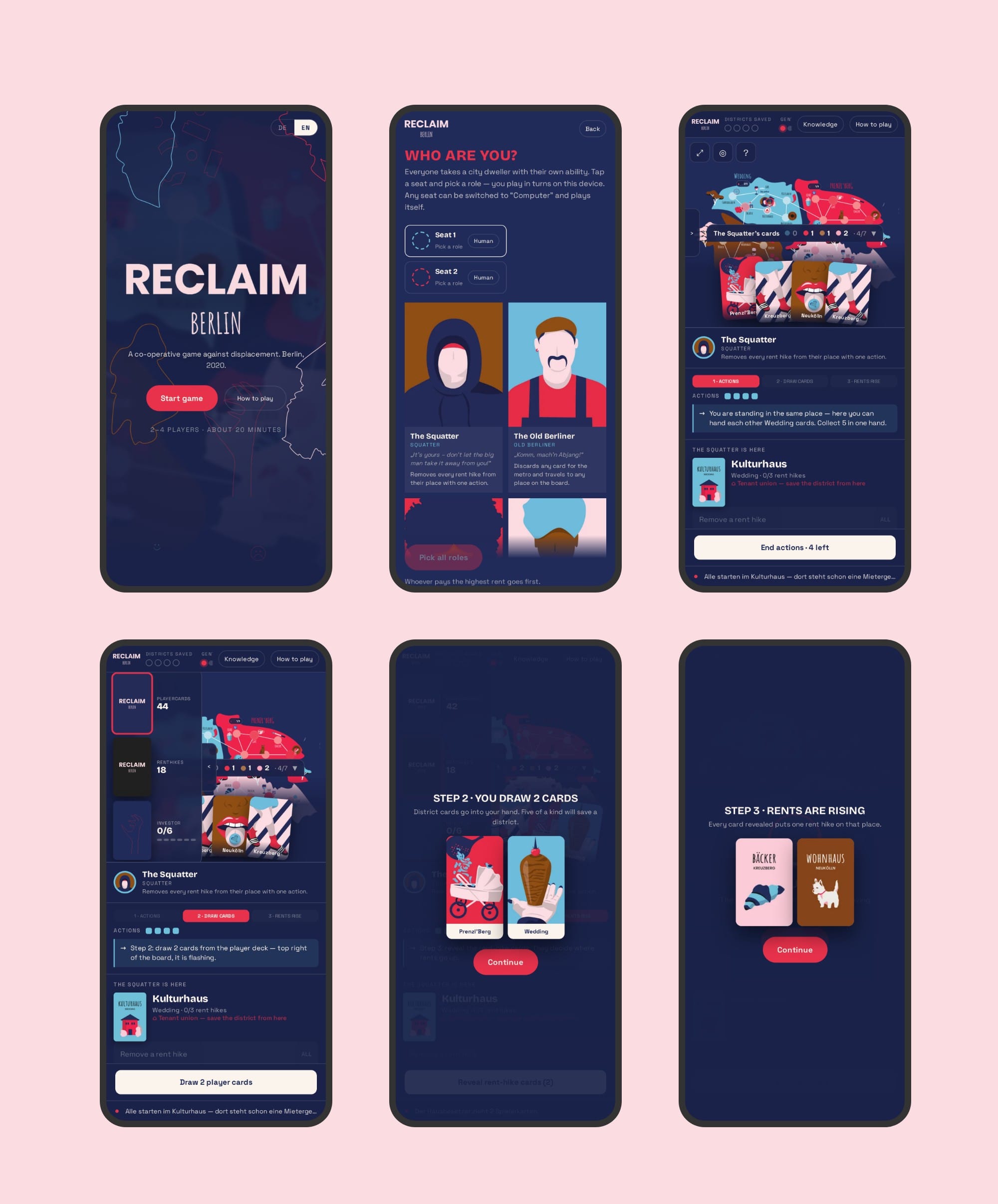 The digital version on six phones: start, characters, hand of cards, draw pile, drawing two cards, and rising rents