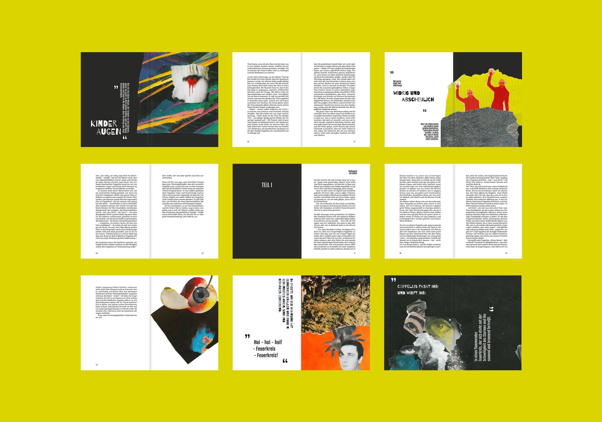 Overview of nine book spreads on yellow