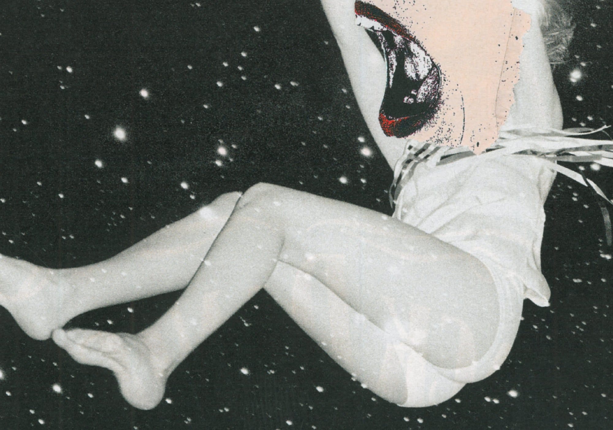 Collage of a floating figure in a starry sky