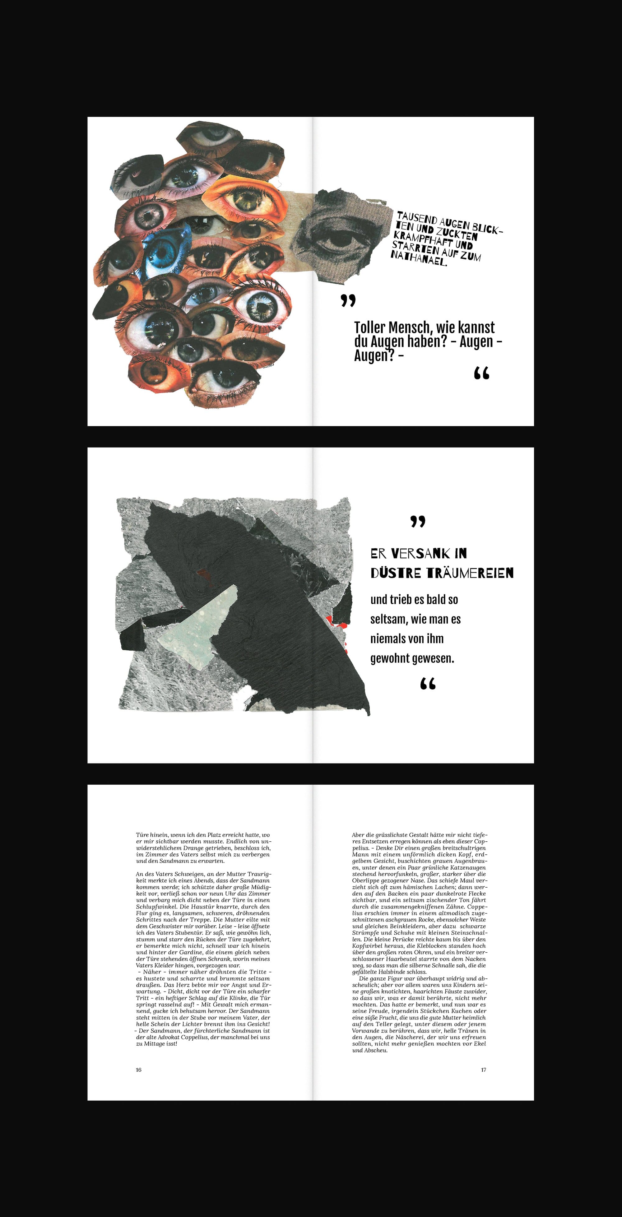 Spreads: eye collage, “Er versank in düstre Träumereien” and text pages