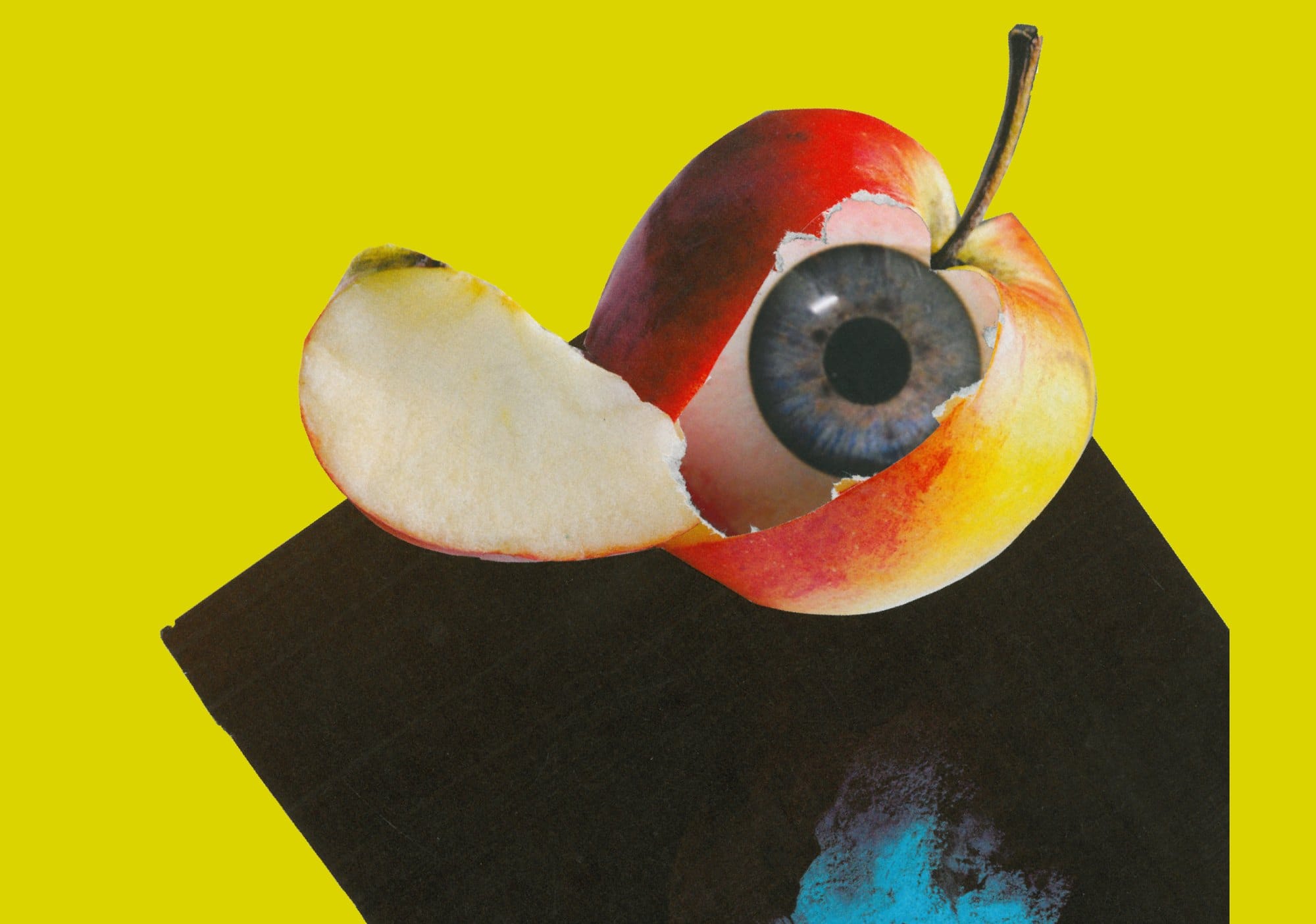 Collage of an apple with an eye
