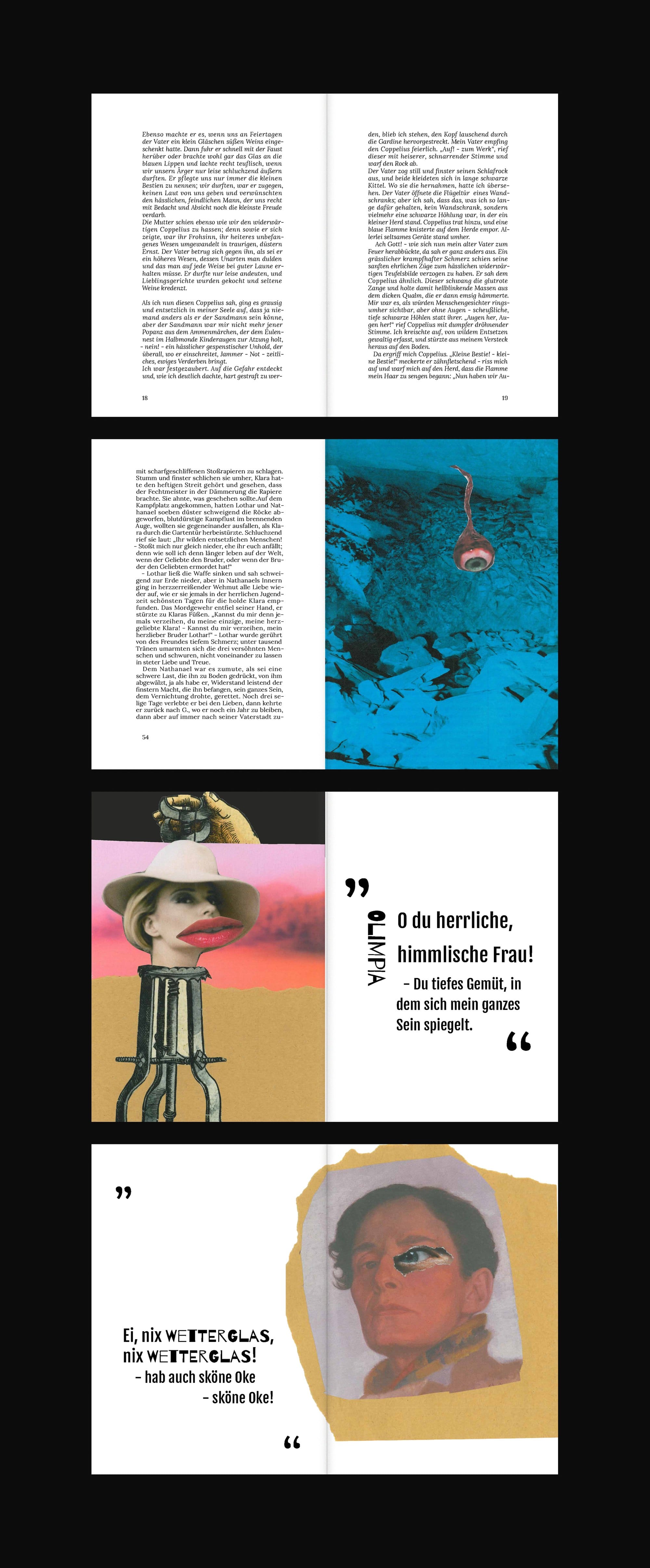Spreads: text pages, eye on blue, Olimpia and “Ei, nix Wetterglas”