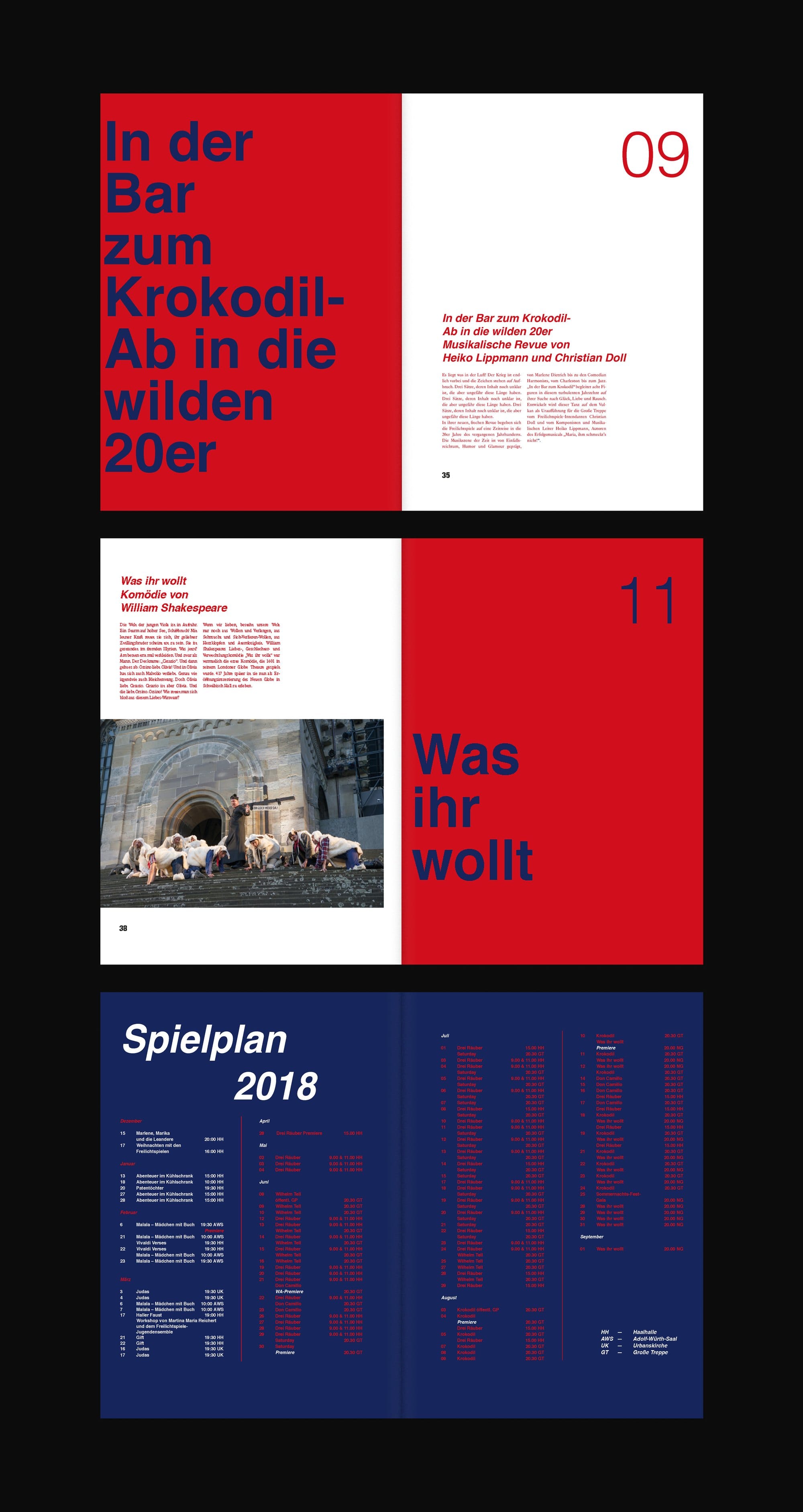 Spreads: “In der Bar zum Krokodil”, “Was ihr wollt” and the 2018 programme