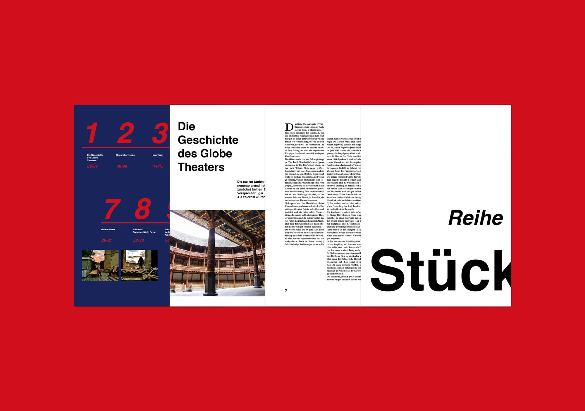 Contents and Globe Theatre spreads on red