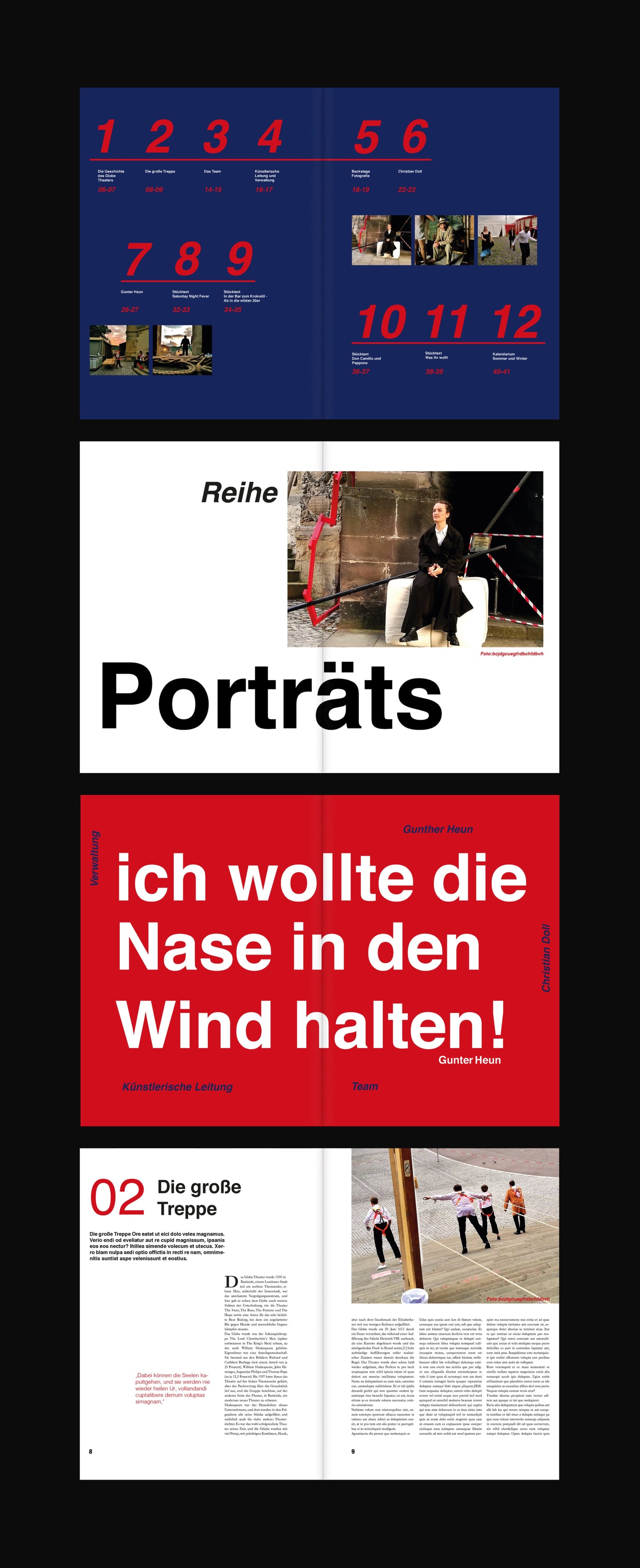 Spreads: contents, portrait series, quote and “Die große Treppe”