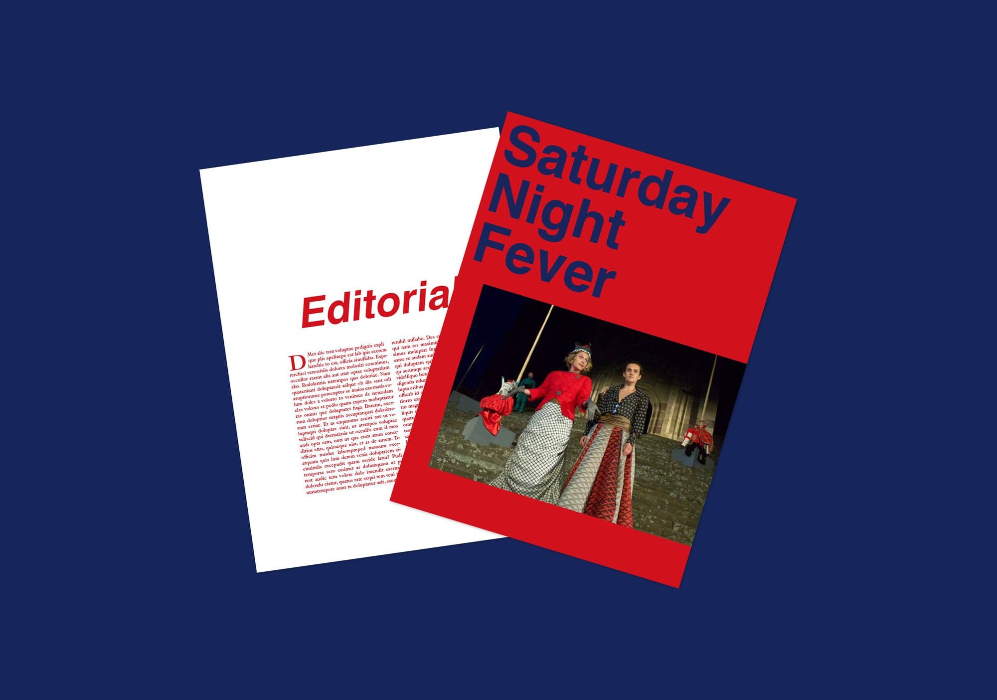 Editorial and Saturday Night Fever pages on blue