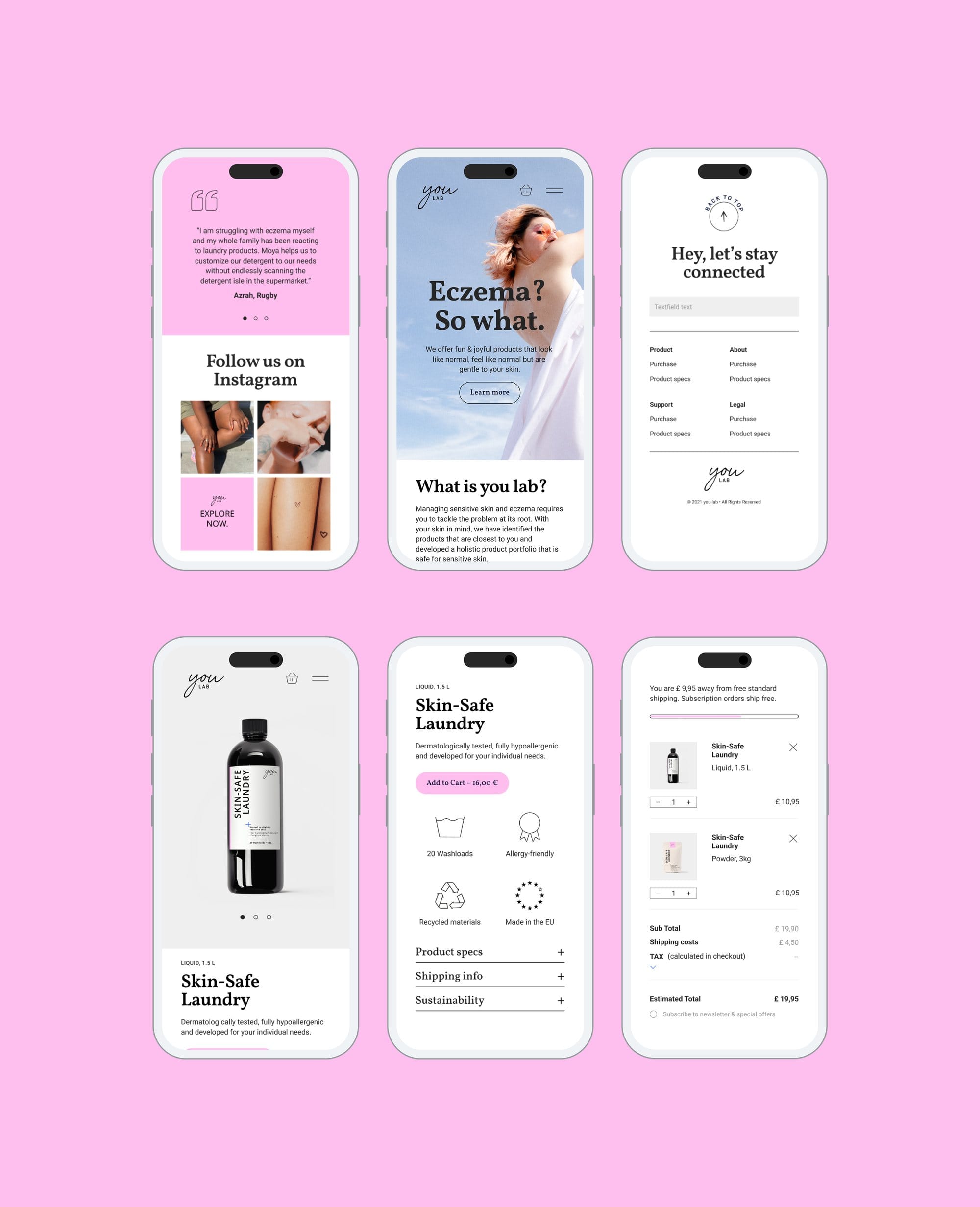You Lab mobile screens: testimonials, home, footer, product and cart